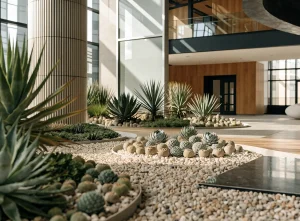 Large-scale succulent landscaping project in a modern lobby