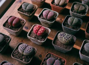 Collection of colorful lithops living stones in small pots