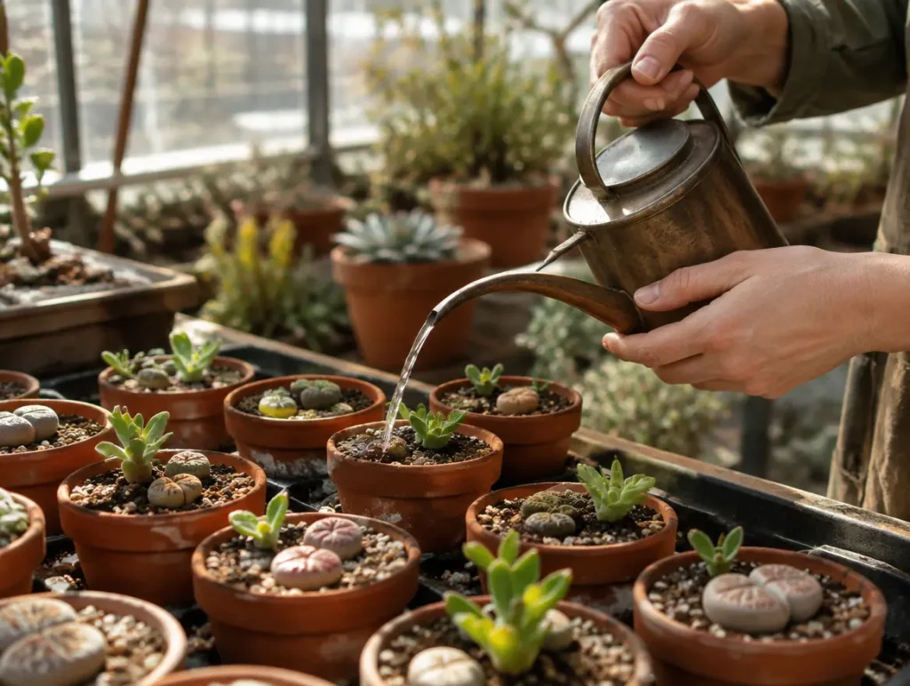 Young lithops and succulent starter plants being watered in a greenhouse