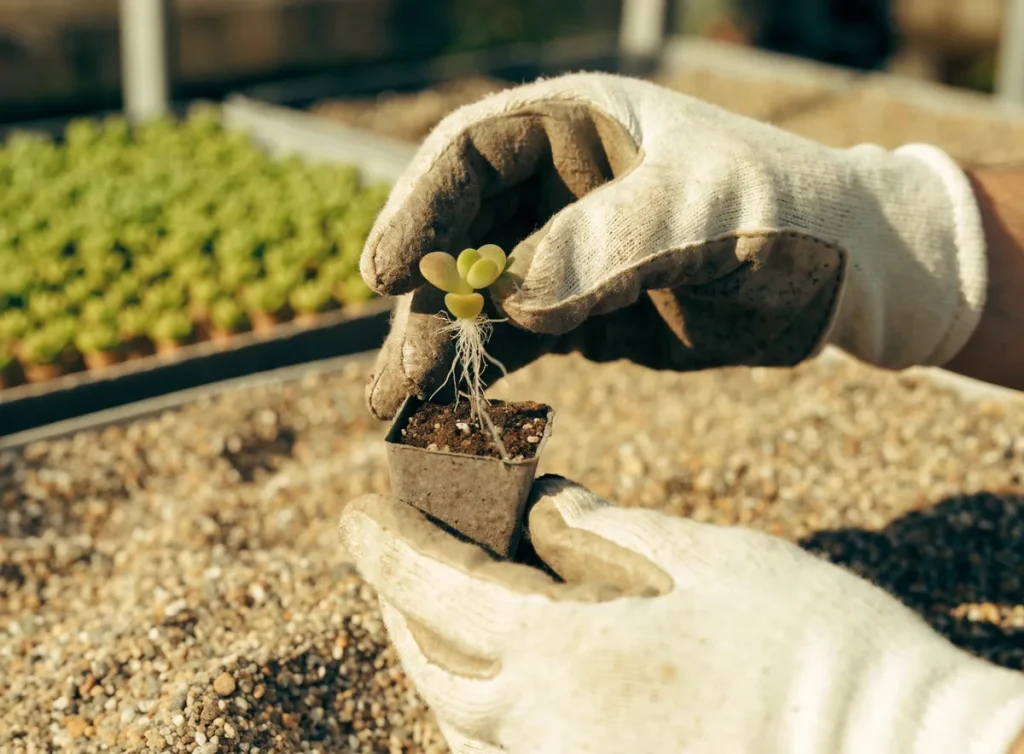 Nursery expert checking root development of a young lithops seedling