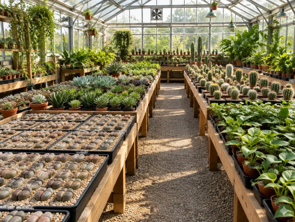 Specialist partner nursery greenhouse growing lithops, succulents, cacti and houseplants