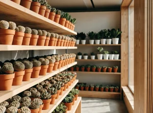 Plant shop shelves stocked with wholesale lithops and succulents