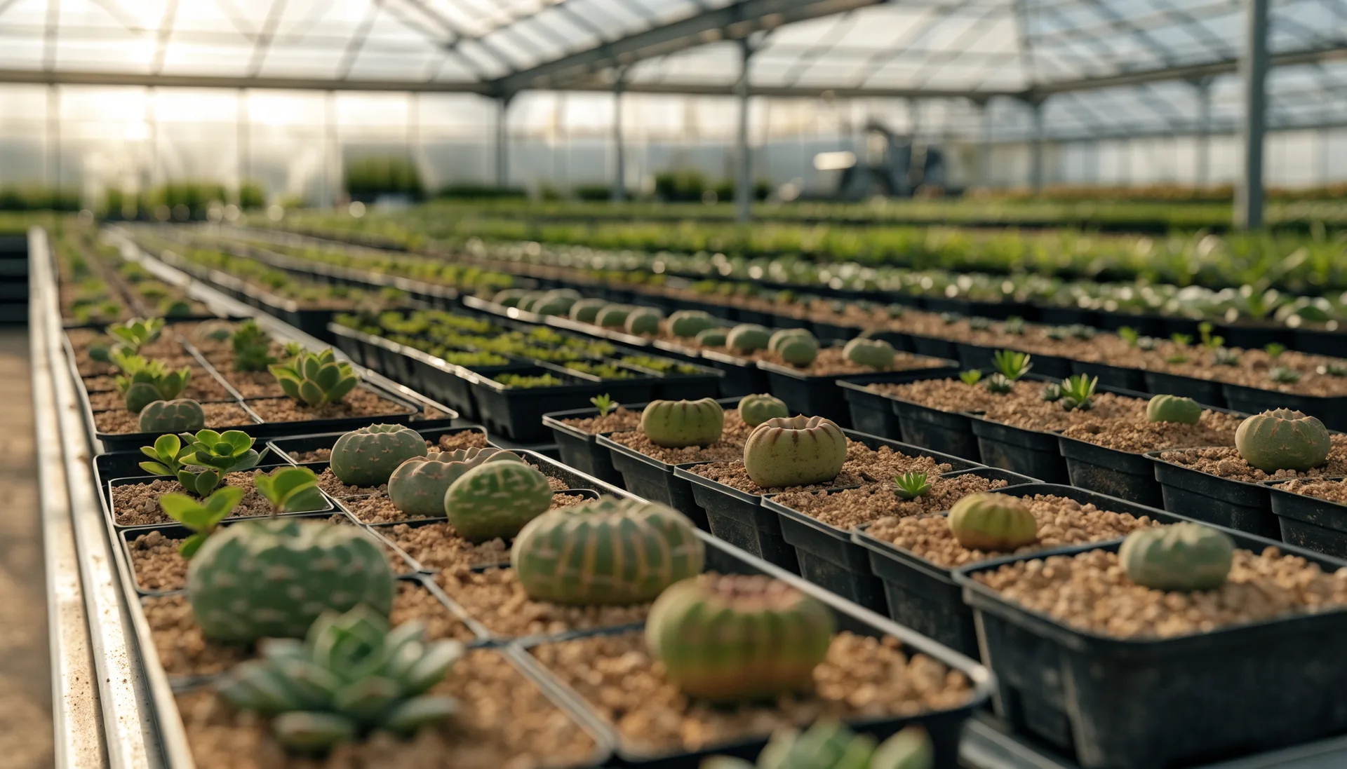 Young succulent starter plants growing in a partner nursery greenhouse